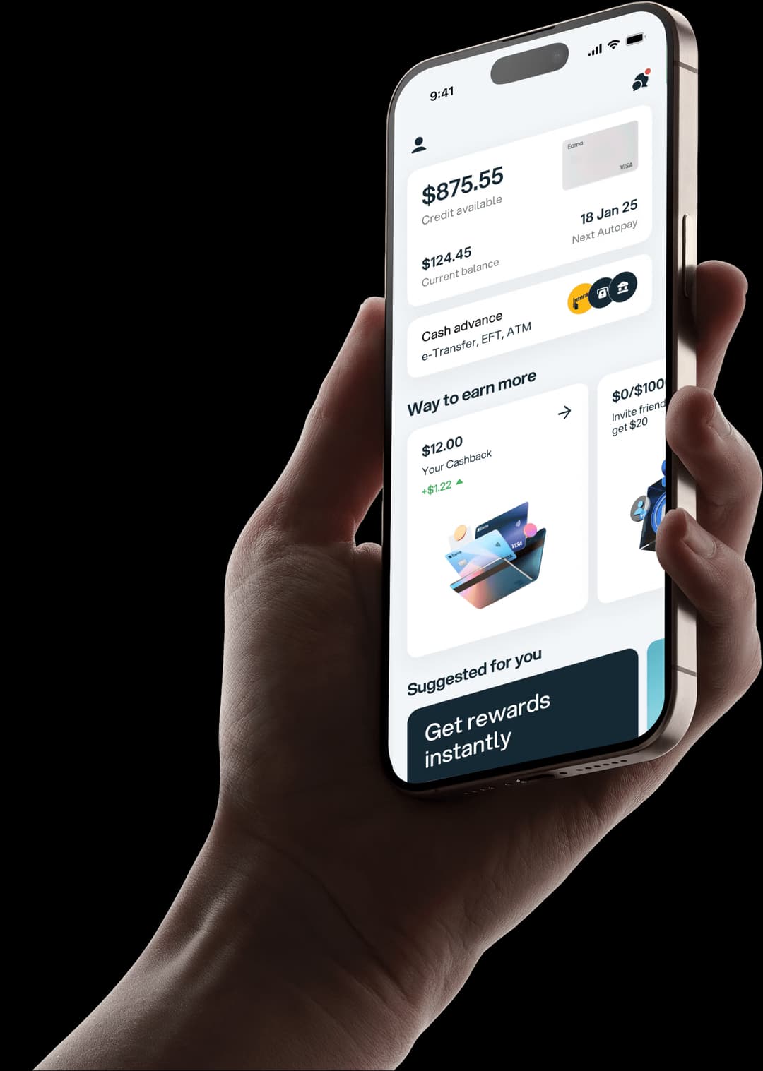 hand holding a phone with screen showing the user's Earna app dashboard