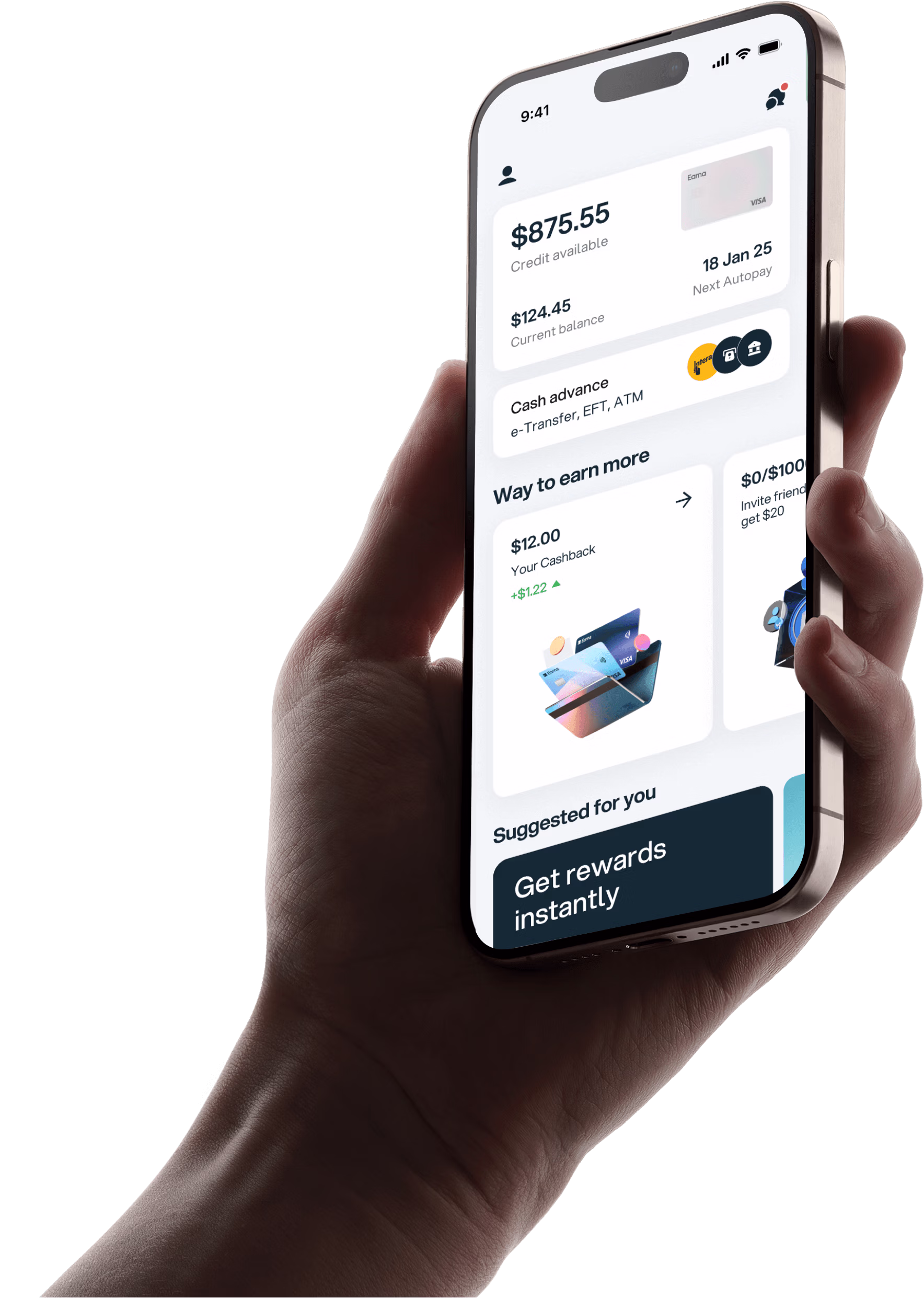 hand holding a phone with screen showing the user's Earna app dashboard